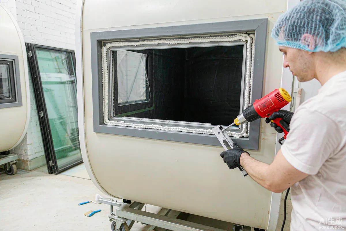 Quality inspector checking waterproof sealing of a glazing joint on a pod house with a measuring gauge