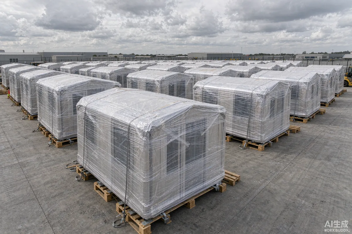 Finished glamping pod units wrapped in protective film and staged in rows in an export storage yard