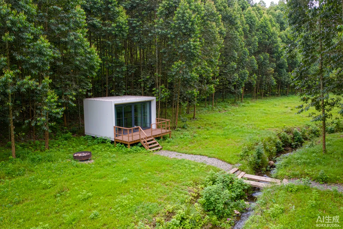 Glamping pod in a forest clearing with a wooden deck and a fire pit