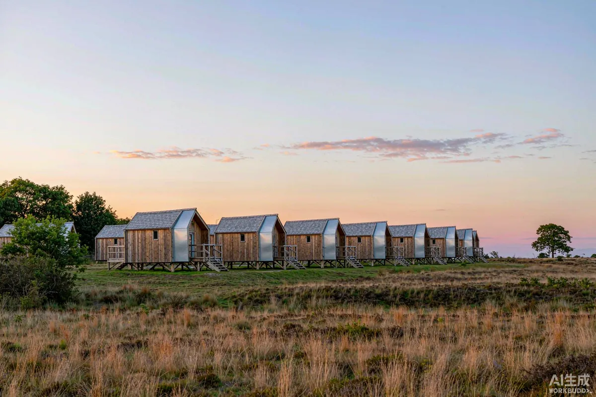 Row of glamping pods on a grassy meadow at dawn at a resort site