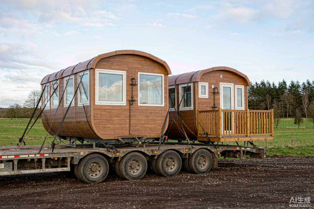 Two glamping pods secured on a flatbed trailer ready for transport