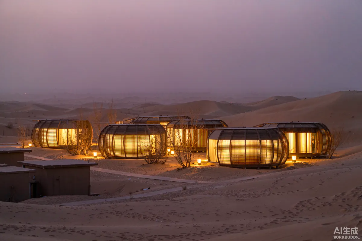 Desert glamping camp at dusk with illuminated pod cabins among sand dunes