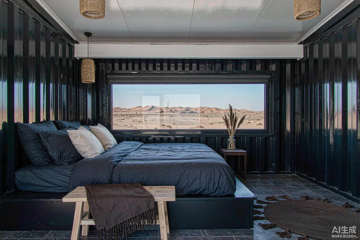 Interior of a desert glamping pod with a bed and wide window facing sand dunes