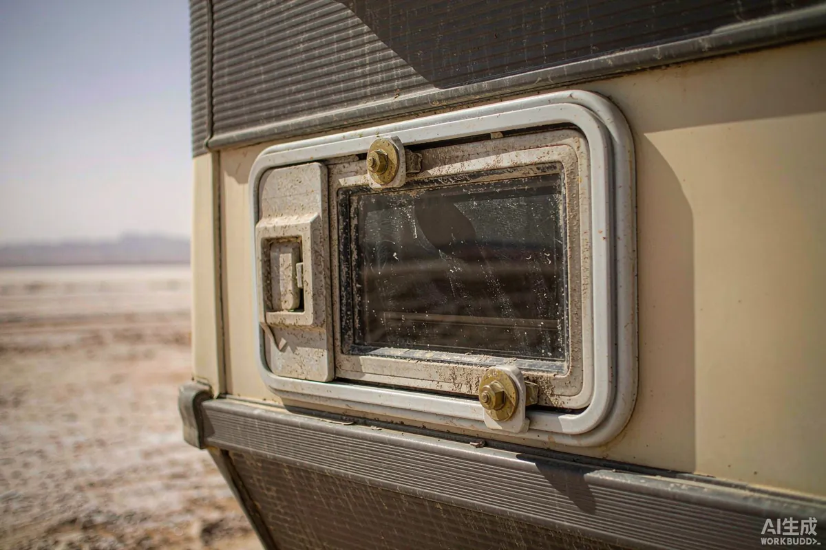 Close-up of a sealed window frame and rubber gasket on a pod in dusty desert air