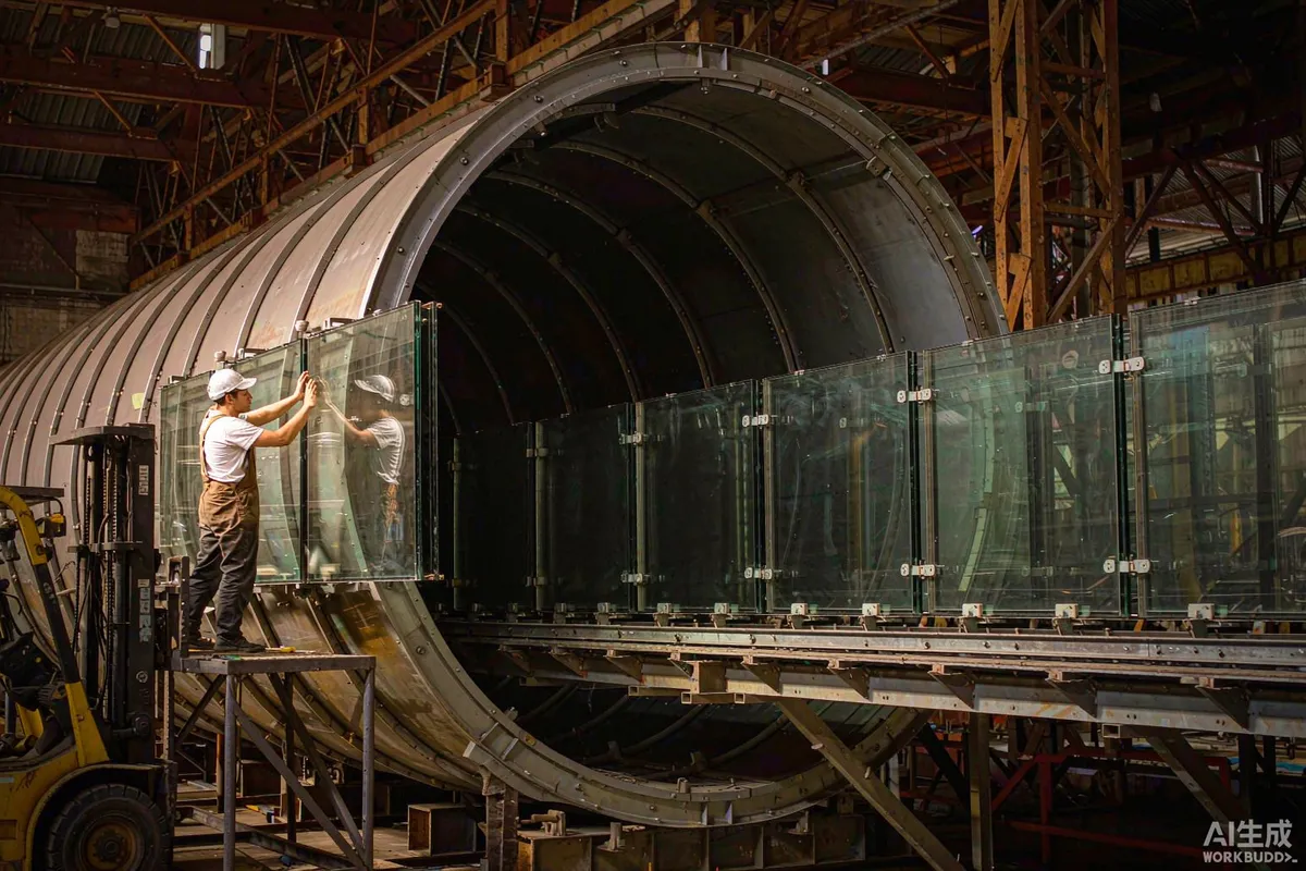 Assembly line photograph inside a factory with capsule home steel frames in progress and overhead crane