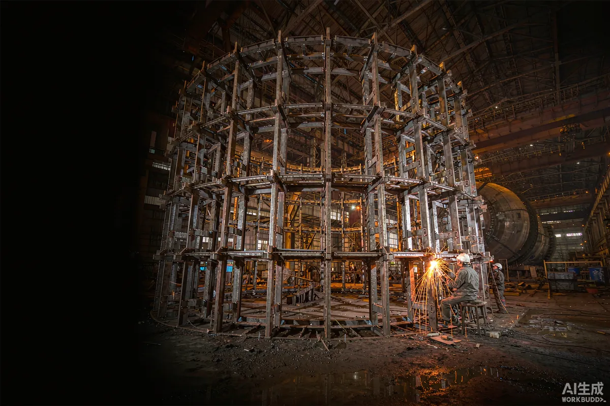 Welding inside a factory on the steel chassis frame of a capsule unit
