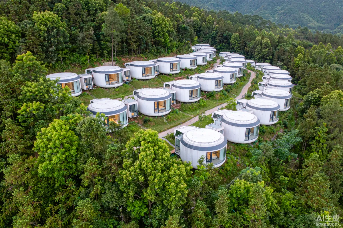 Aerial drone photograph of a hillside resort layout with capsule units spaced among trees above a lake