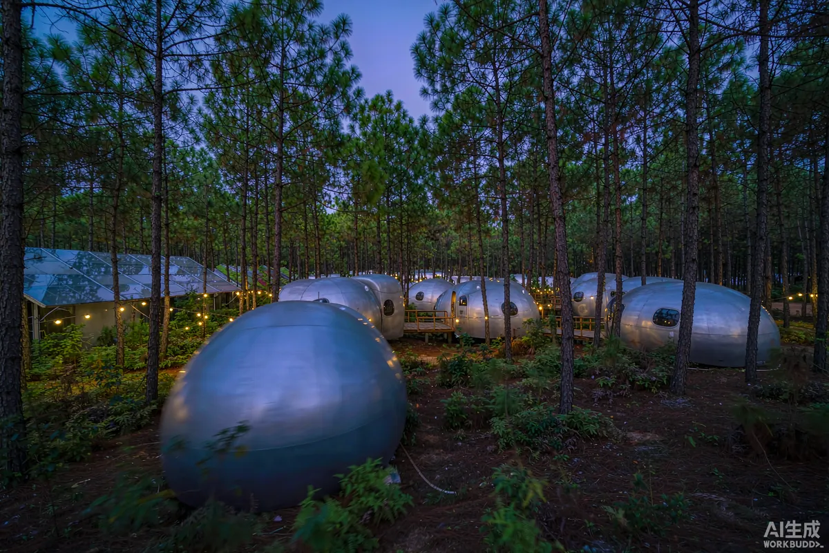 Twilight photograph of capsule resort units with lit pathways between them