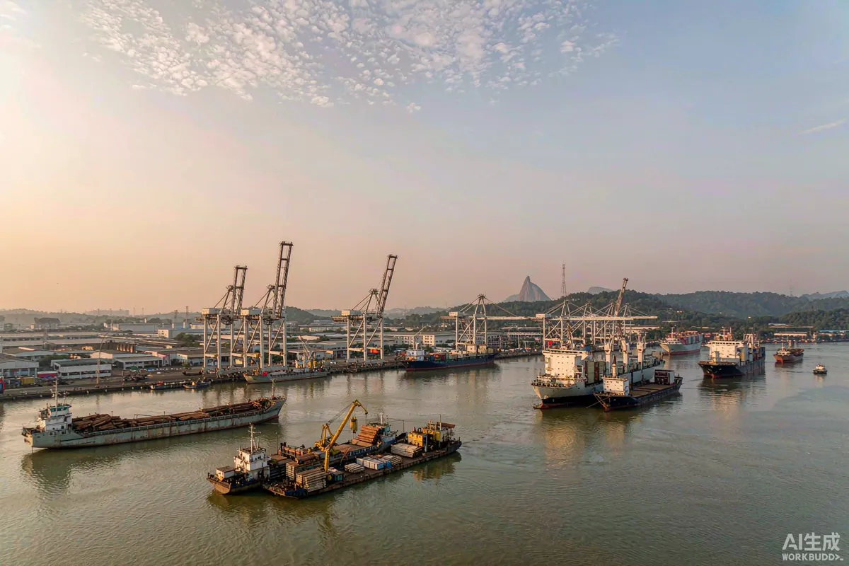 Container port in the Philippines at sunrise with cargo ships and gantry cranes