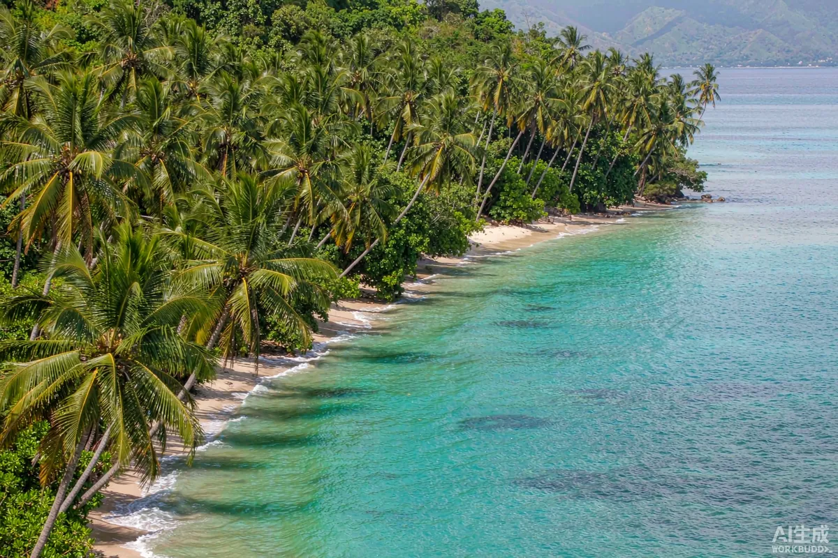 Tropical island shoreline with coconut palms and turquoise water in the Philippines
