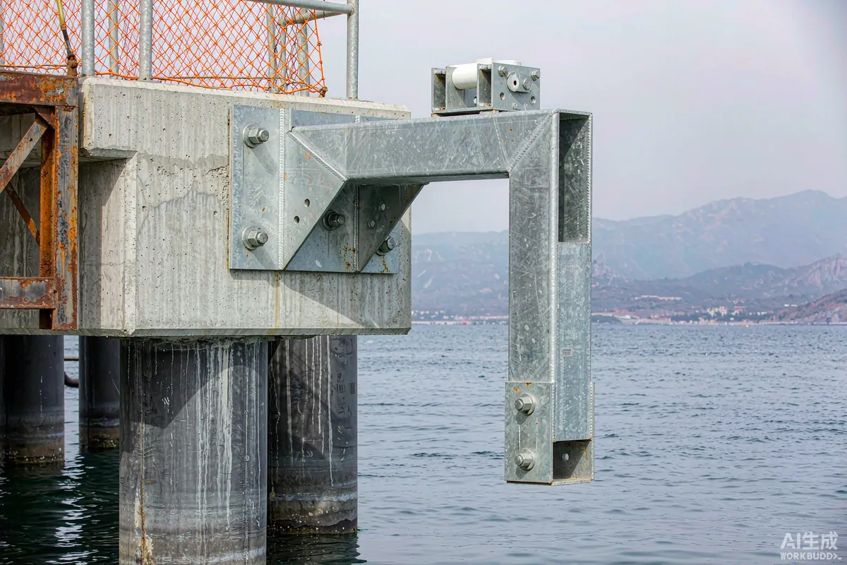 Steel anchoring brackets bolted to a concrete pier at a coastal installation site