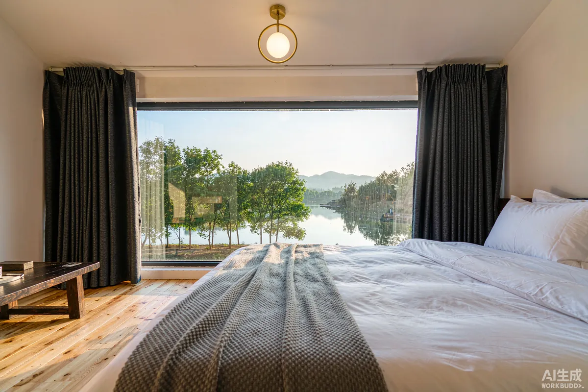 Luxury glamping pod interior with a large bed, panoramic window and wood floor