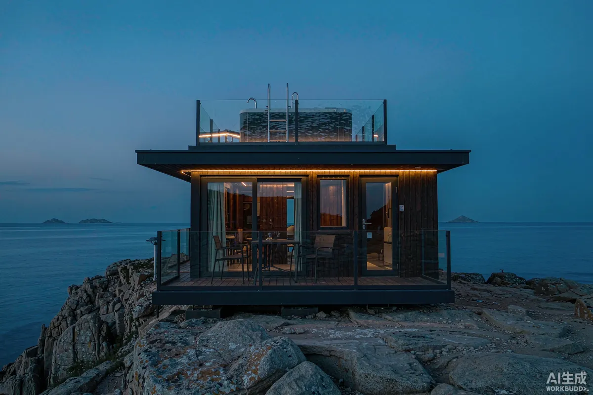 Luxury glamping pod exterior at dusk with warm lighting on a clifftop
