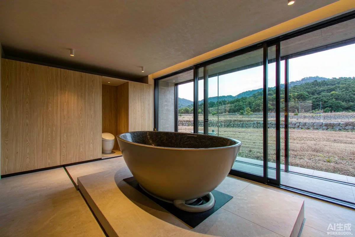 Freestanding bathtub beside panoramic glazing inside a luxury glamping pod