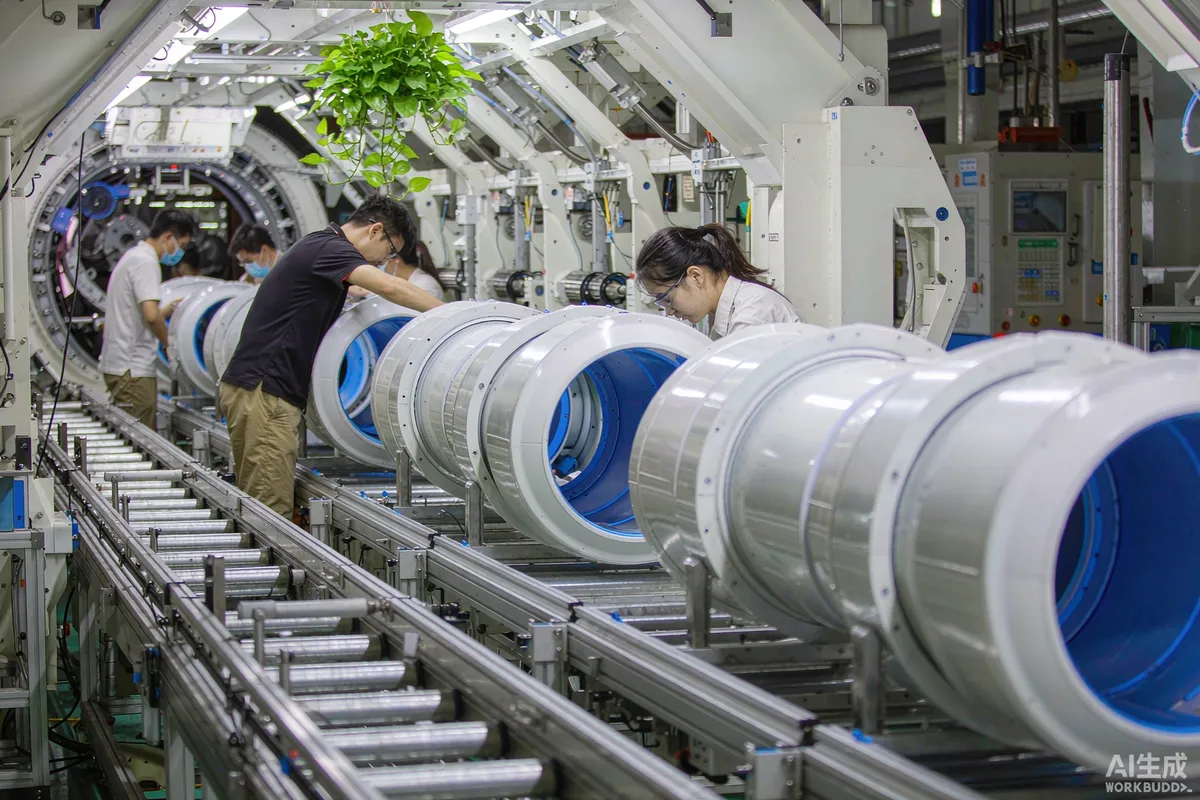 Factory floor with workers assembling capsule units along a production line