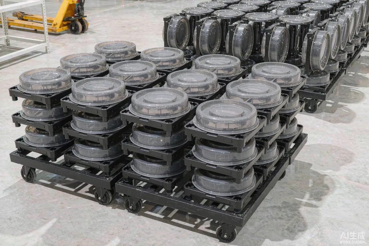 Warehouse with finished capsule units staged in rows for export shipment