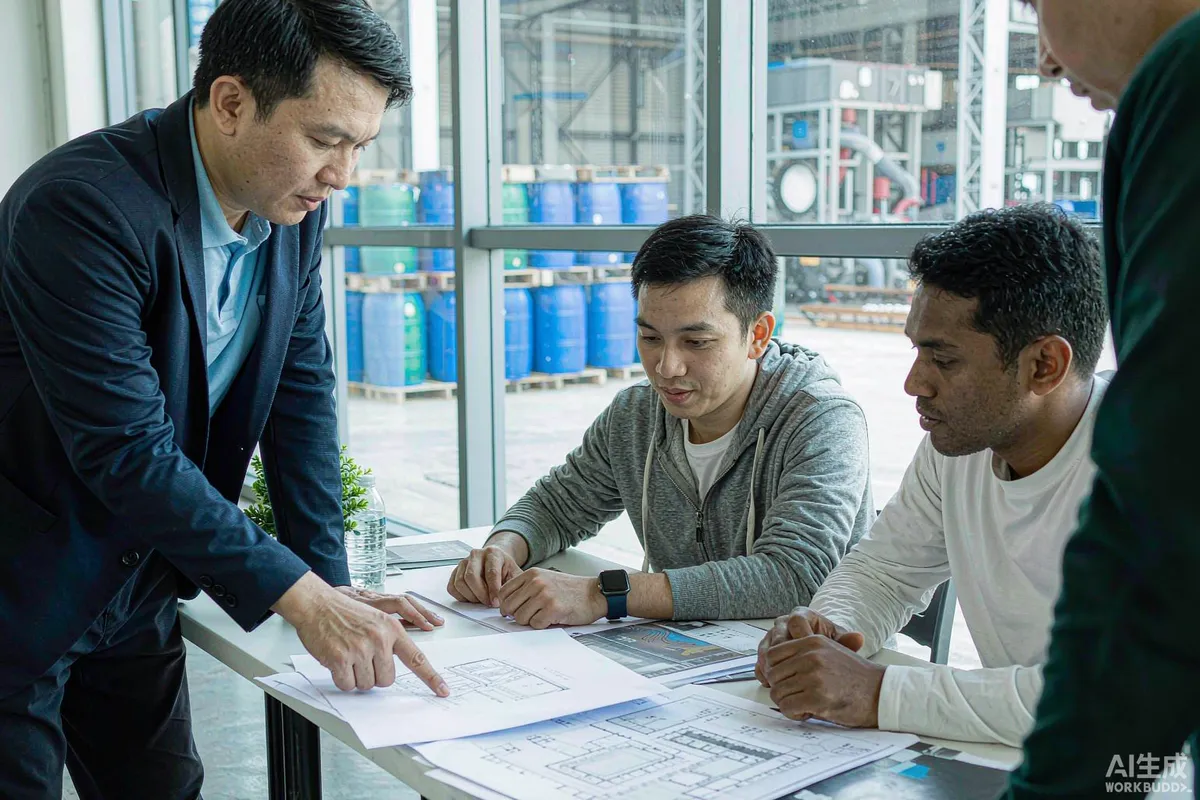 Factory manager showing technical drawings to overseas buyers in a meeting