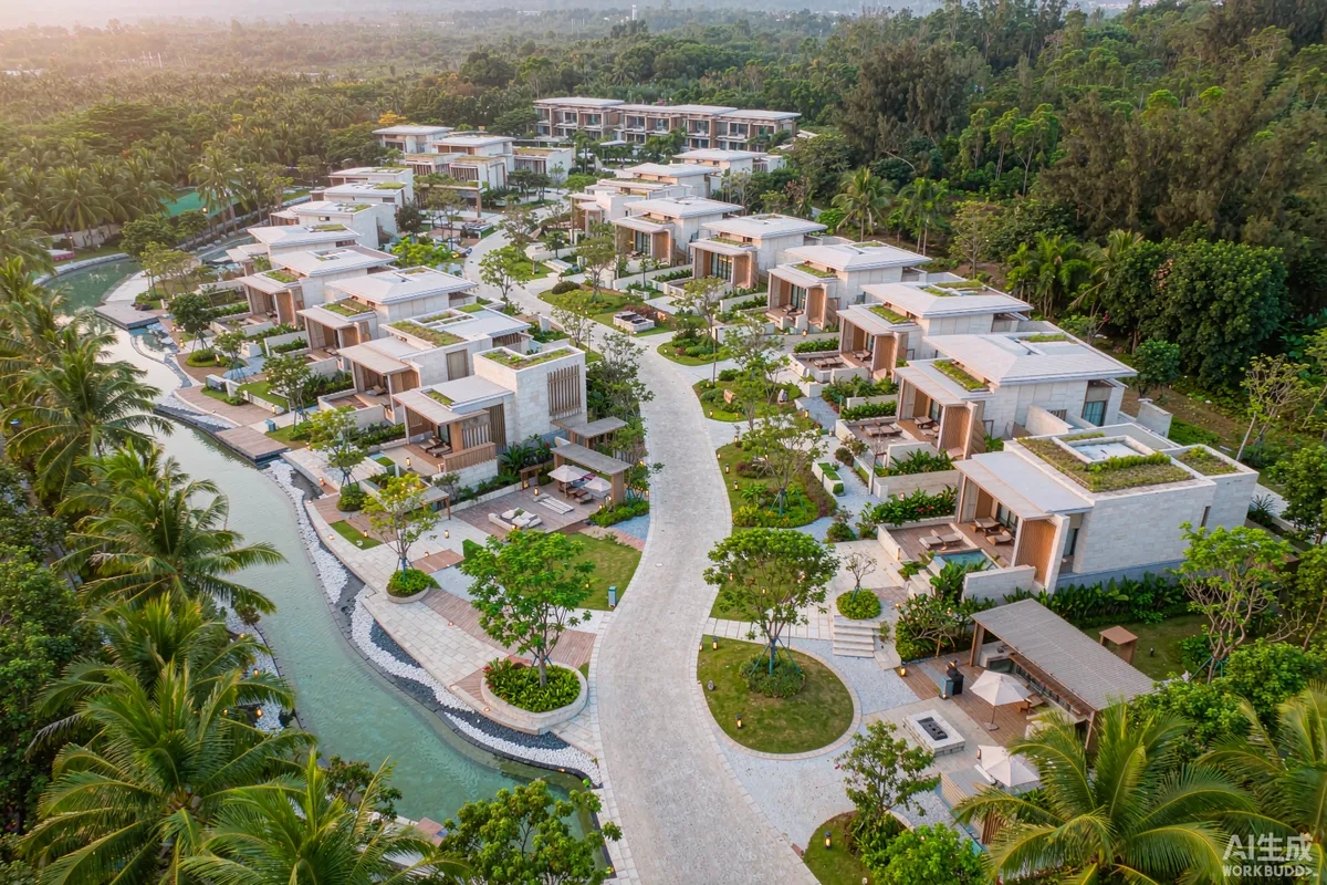 Hospitality resort layout with modular guest units arranged along a paved pathway