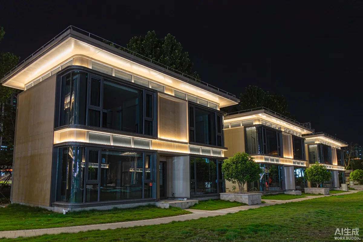 Night photograph of modular resort units with warm exterior lighting