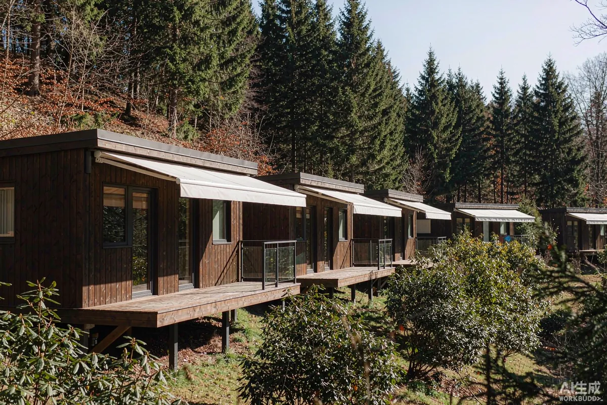 Row of timber-clad prefab cabins on a forest hillside resort