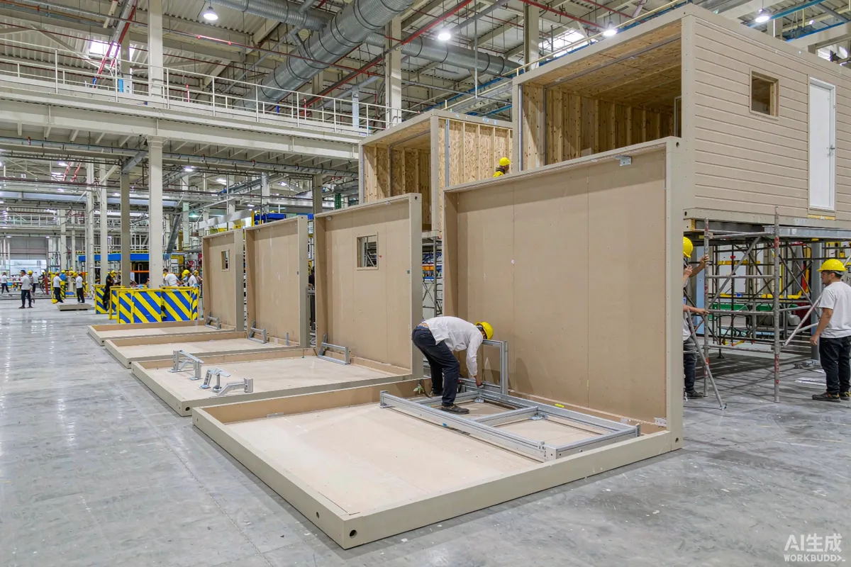Factory floor where modular cabin wall panels are assembled by workers