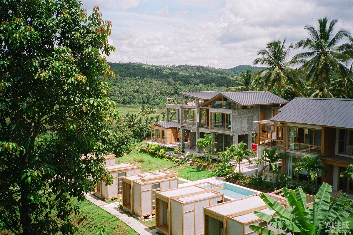 Tropical hillside resort plot in the Philippines with modular cabins beside a partly built concrete villa