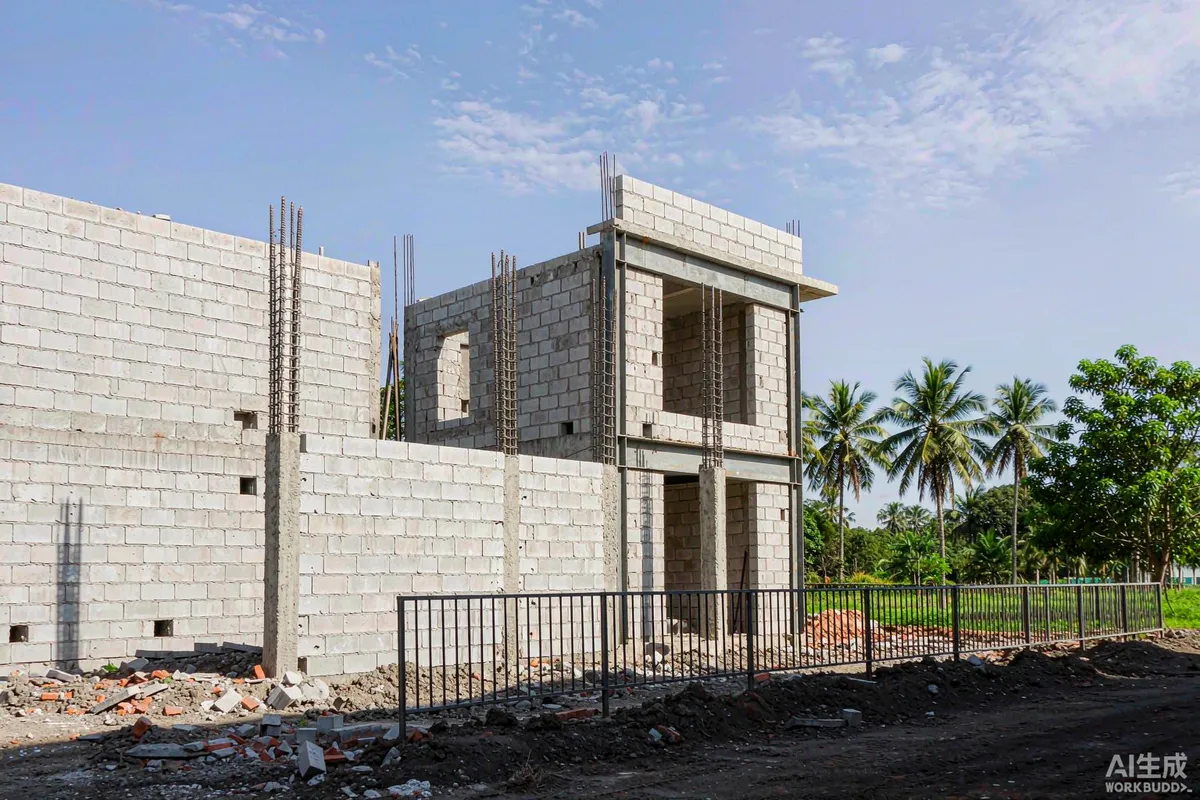 Concrete blockwork villa under construction with steel reinforcement in tropical heat
