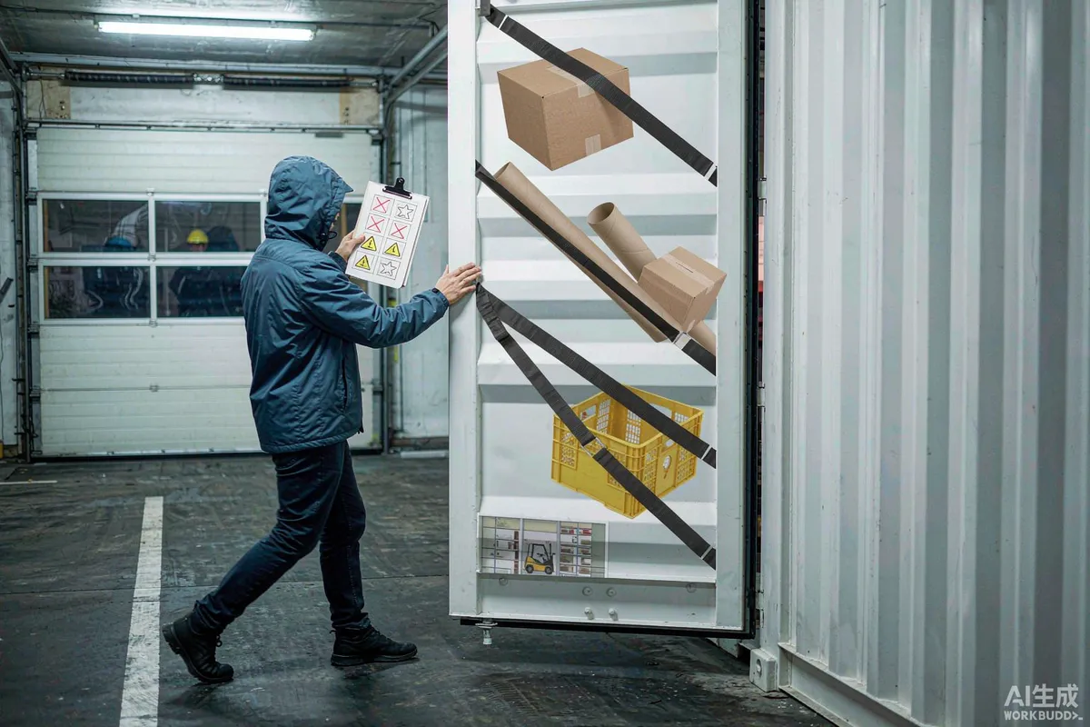 Delivery checklist clipboard held beside a loaded shipping container at a warehouse