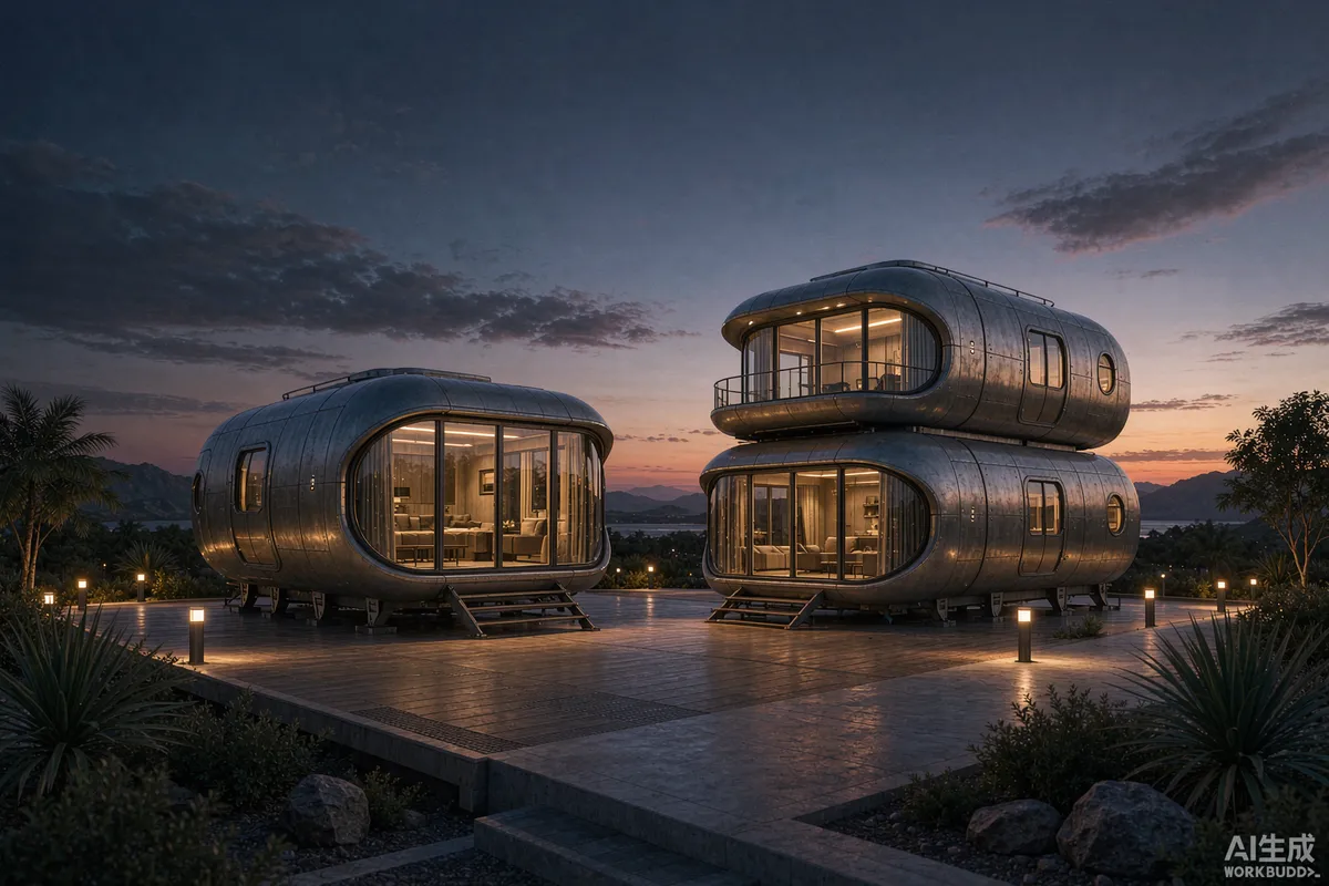 Single-deck and double-deck capsule homes side by side at a resort at dusk
