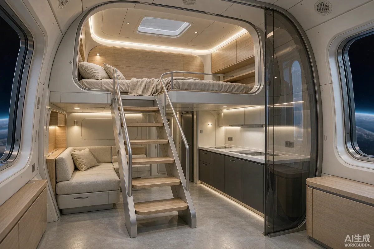 Double-deck capsule home interior with staircase to an upper sleeping level