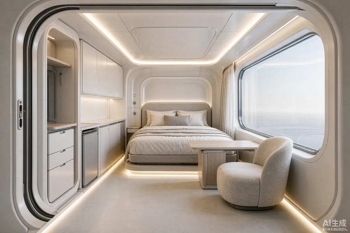 Open-plan single-deck capsule home interior with bed and panoramic window