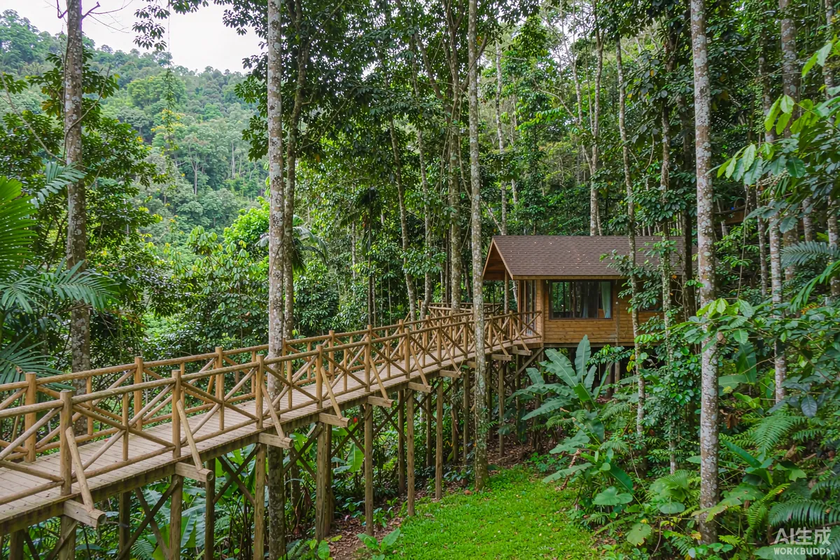 Raised timber walkway through rainforest with an elevated low-impact cabin among trees