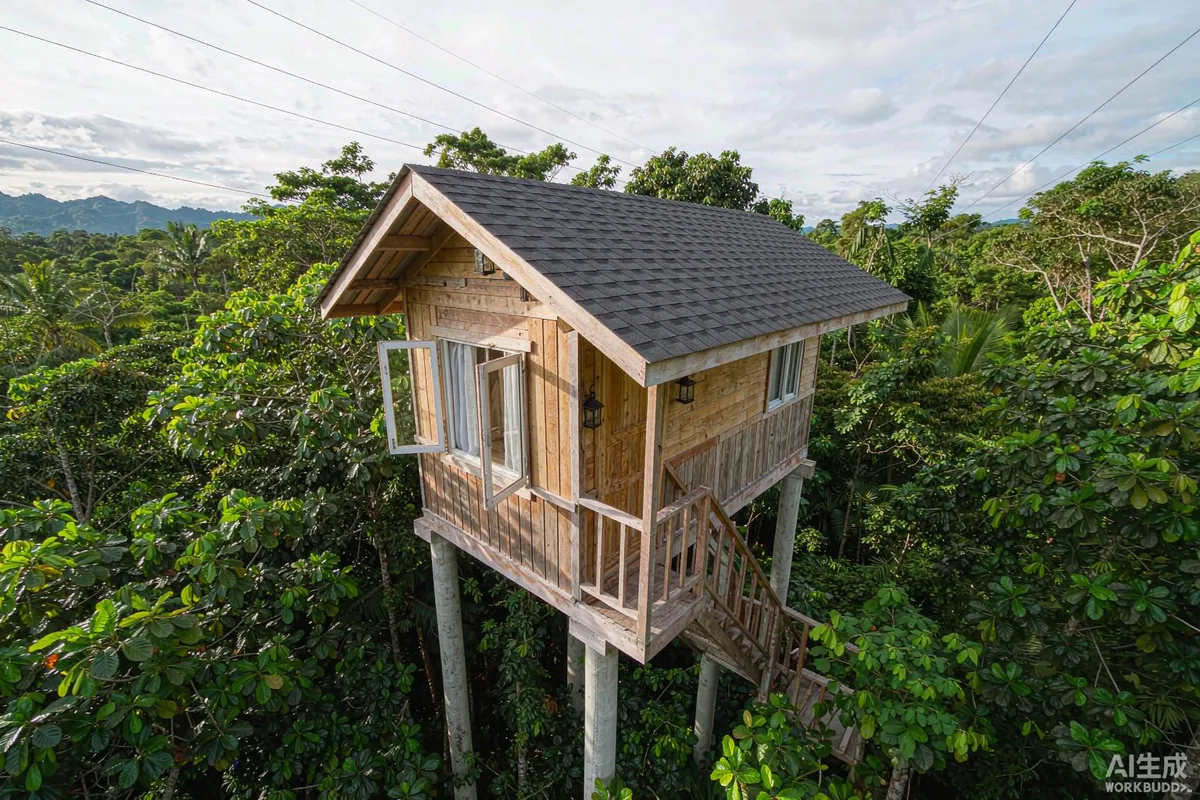 Elevated cabin on screw piles above a dense tropical forest canopy