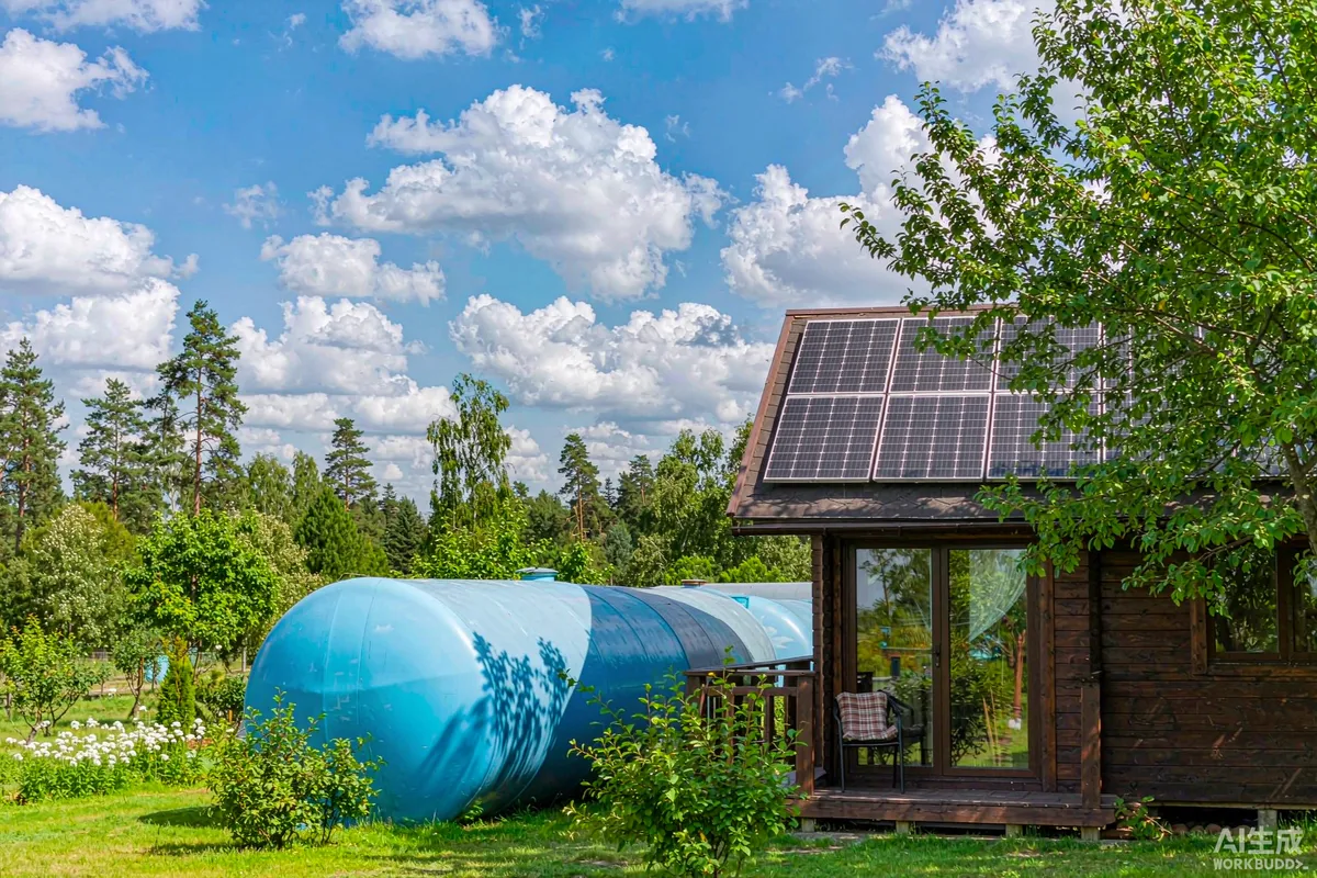 Solar panels and a rainwater tank beside an eco lodge cabin in a green landscape