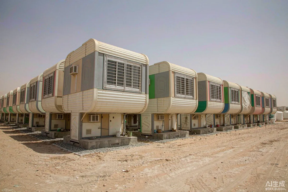Workers accommodation photograph of modular capsule units arranged in orderly rows on desert ground