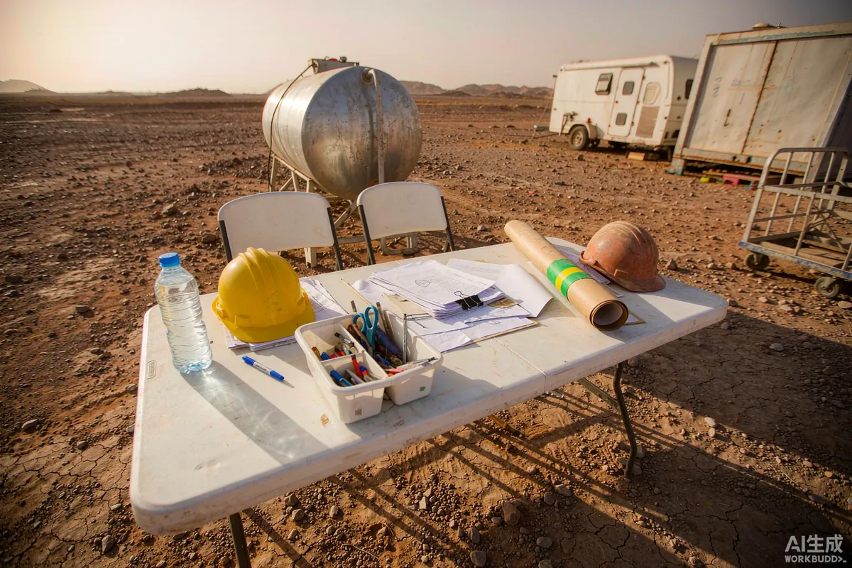 Site office desk with safety helmets and a rolled site plan at a desert construction camp