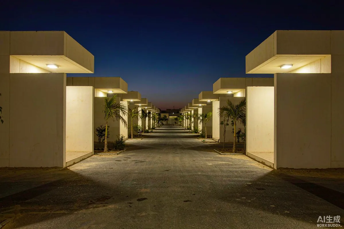 Evening photograph of a lit walkway between rows of workforce accommodation units in a desert camp