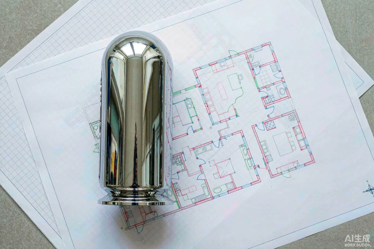 Overhead photograph of printed floor plan drawings with a scale ruler beside a capsule home model