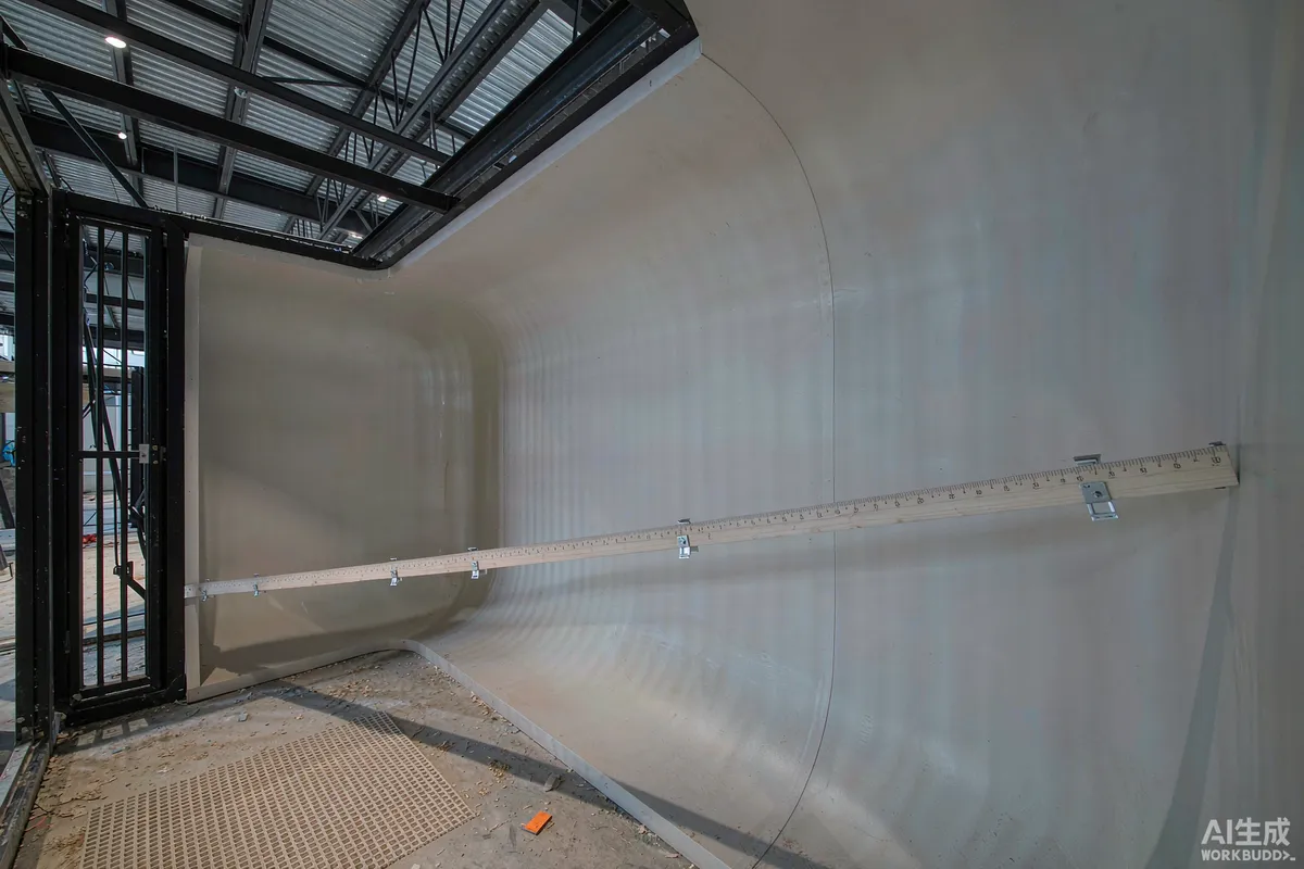 Tape measure stretched along the interior wall of a compact prefab capsule unit