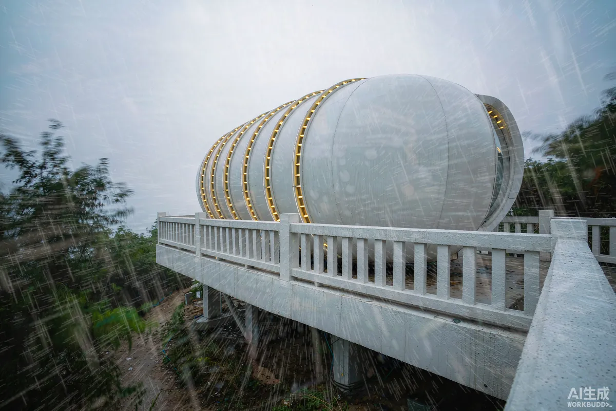 Capsule dwelling anchored on an elevated coastal platform during heavy wind and rain