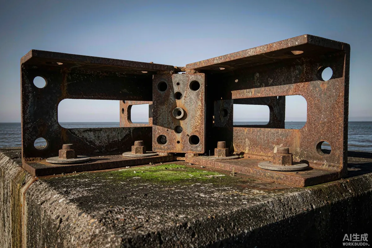 Steel anchoring bracket bolted into a concrete foundation at a coastal site