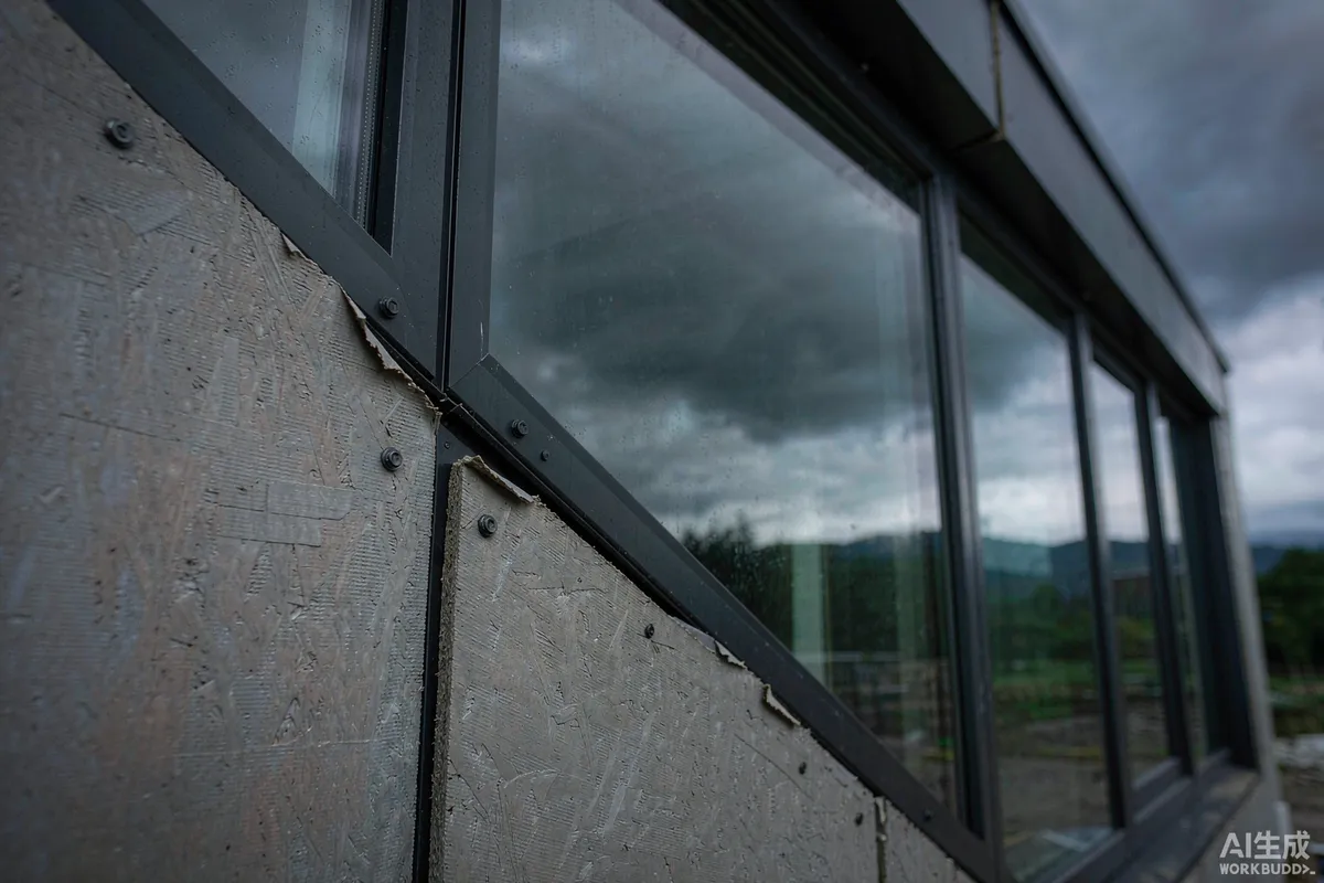 Protective shutter fitted over panoramic glazing of a prefab unit before a storm