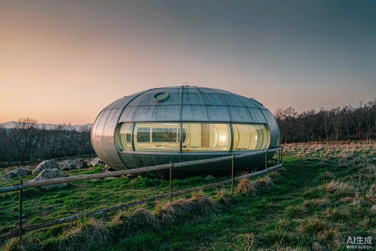 Curved metallic capsule dwelling with panoramic glass standing on open grassland in daylight