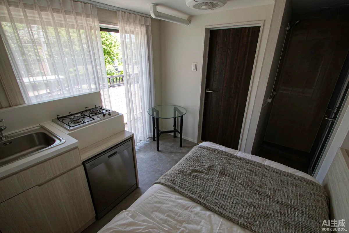 Interior of a compact capsule dwelling showing bed, glazed wall and integrated joinery