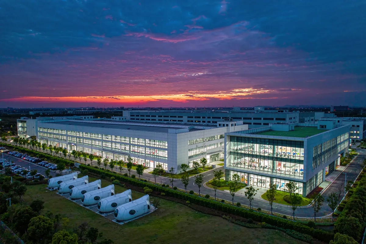 Aerial view of the Haishu factory campus at dusk