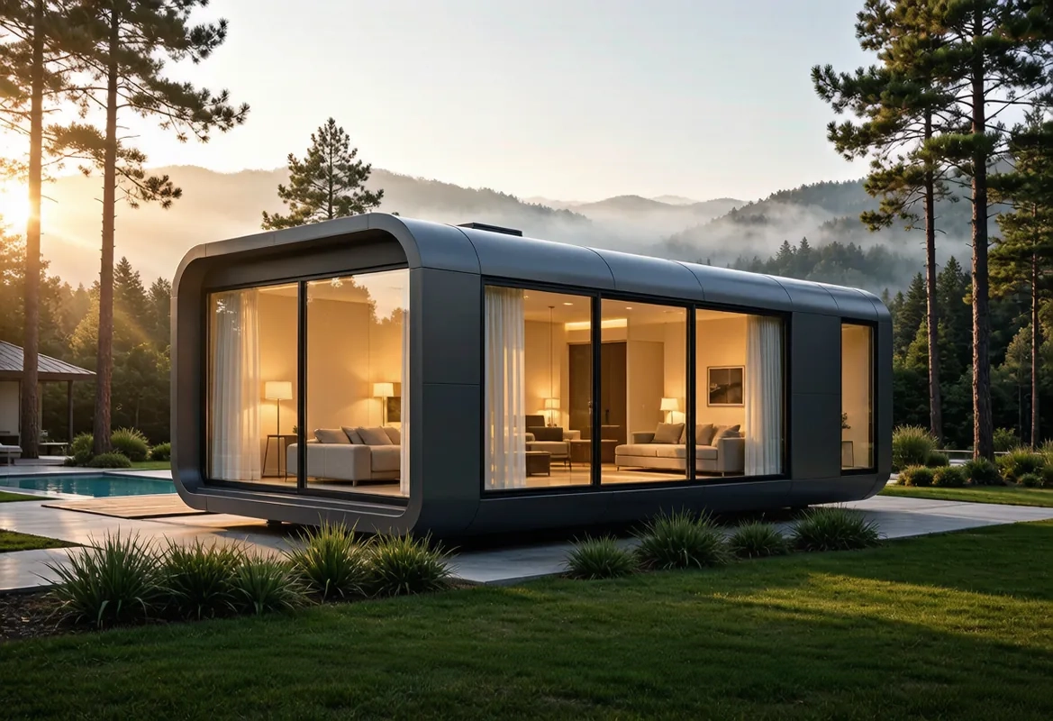 Capsule homes at a resort in golden hour