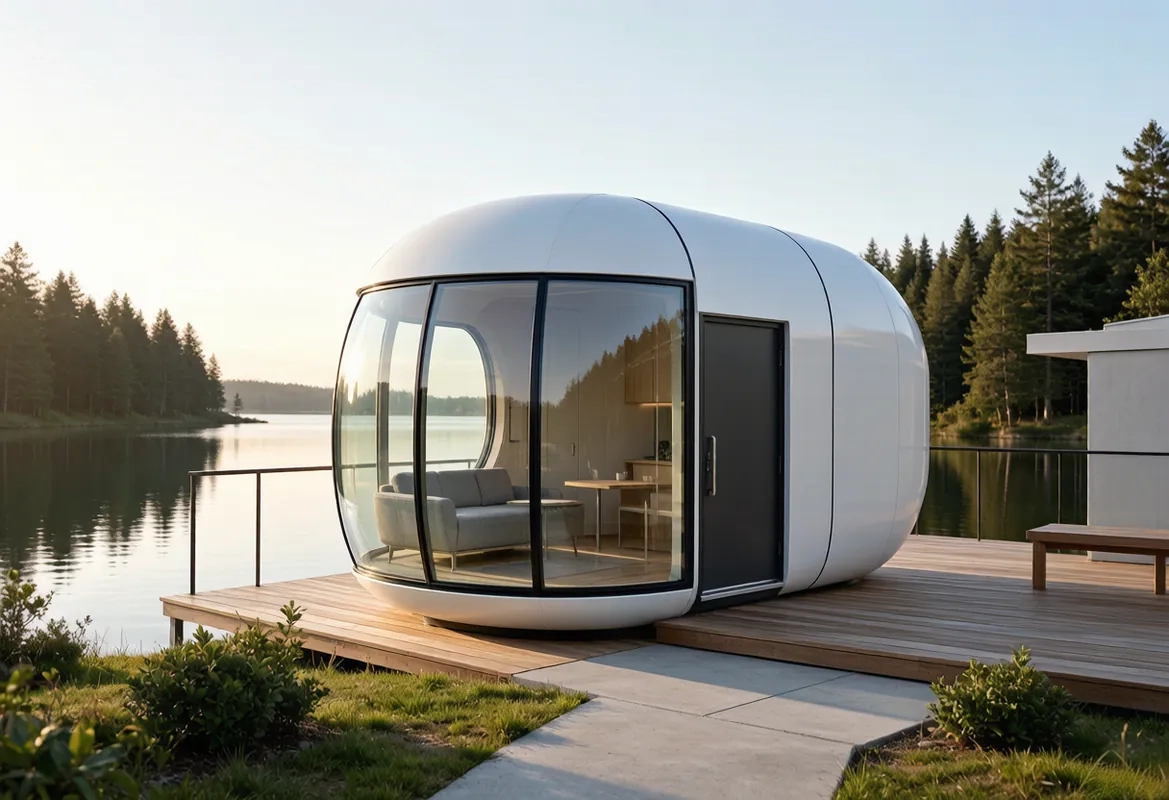 Single-level capsule interior layout with panoramic window